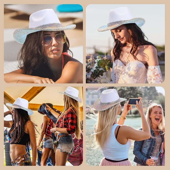 White Women Cowgirl Hat Hercicy Rhinestone Bling Western Wide Diamond Fringe - Picture 5 of 6